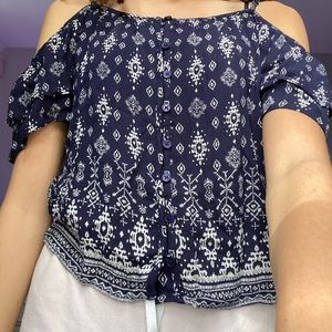 off the shoulder dark blue patterned top